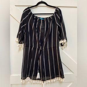 Black & White Striped Cover Up with Fringe Tassels